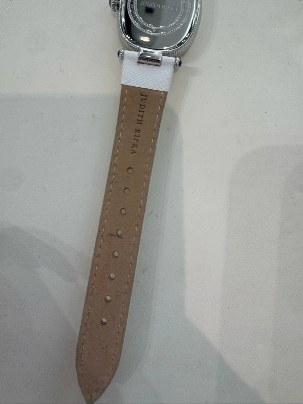 Judith Ripka Patriotic Moon Phase Oval Watch MOP tone Dial White Leather Strap
